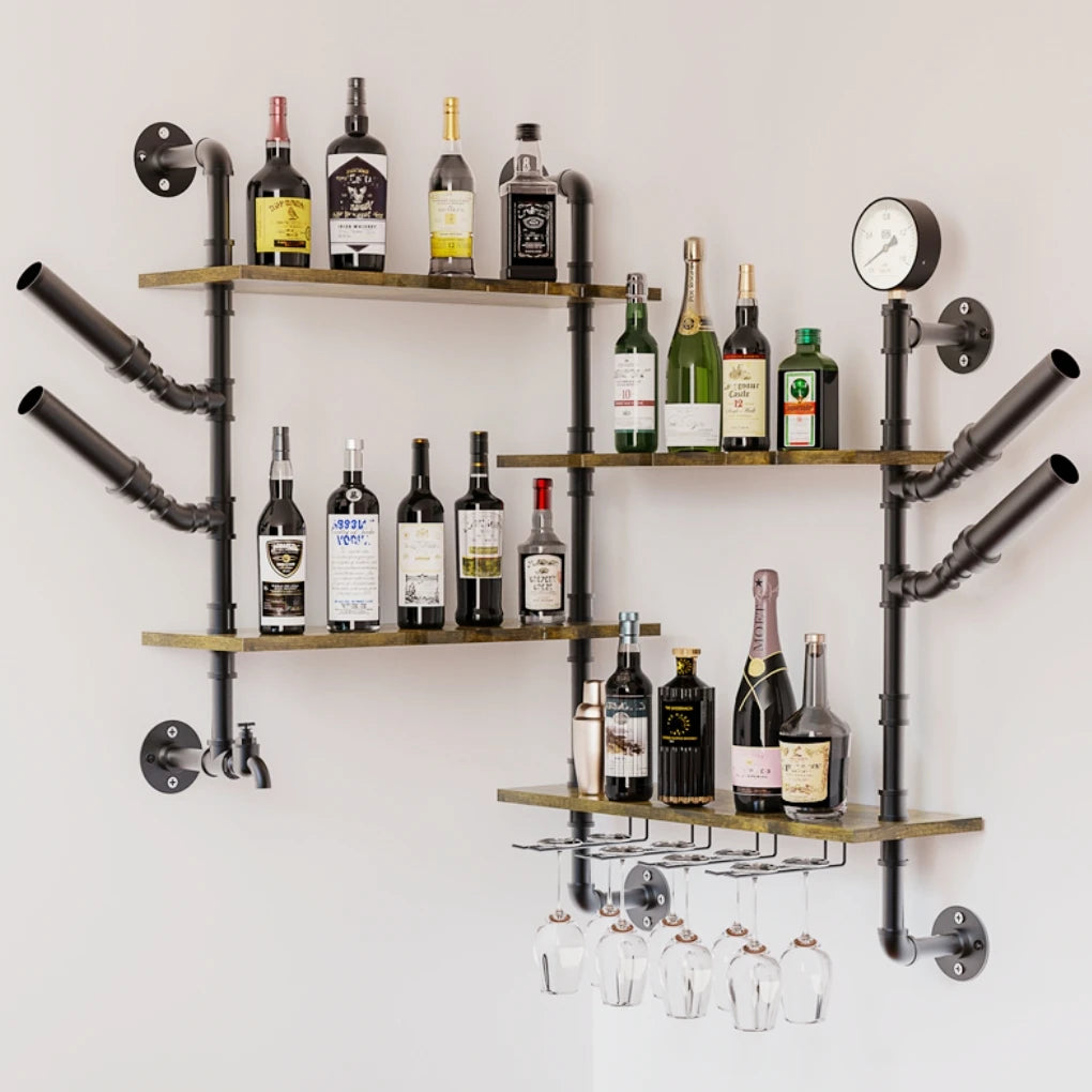 Wall Mounted Pipe Bar Liquor Shelf With Wine Glass Holder