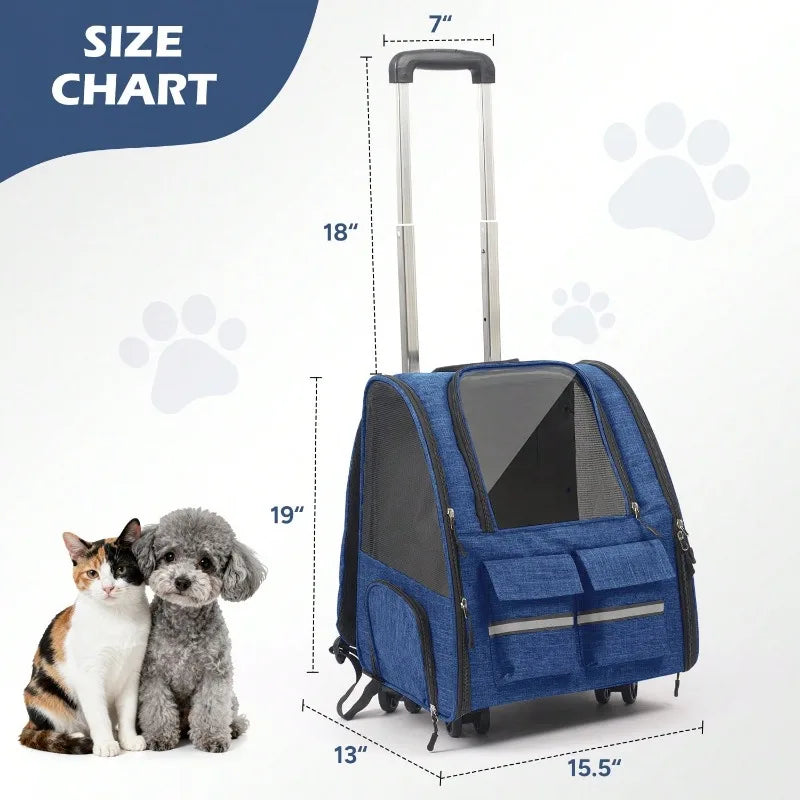 Rolling Pet Carrier Bag With Telescopic Handle And Shoulder Strap
