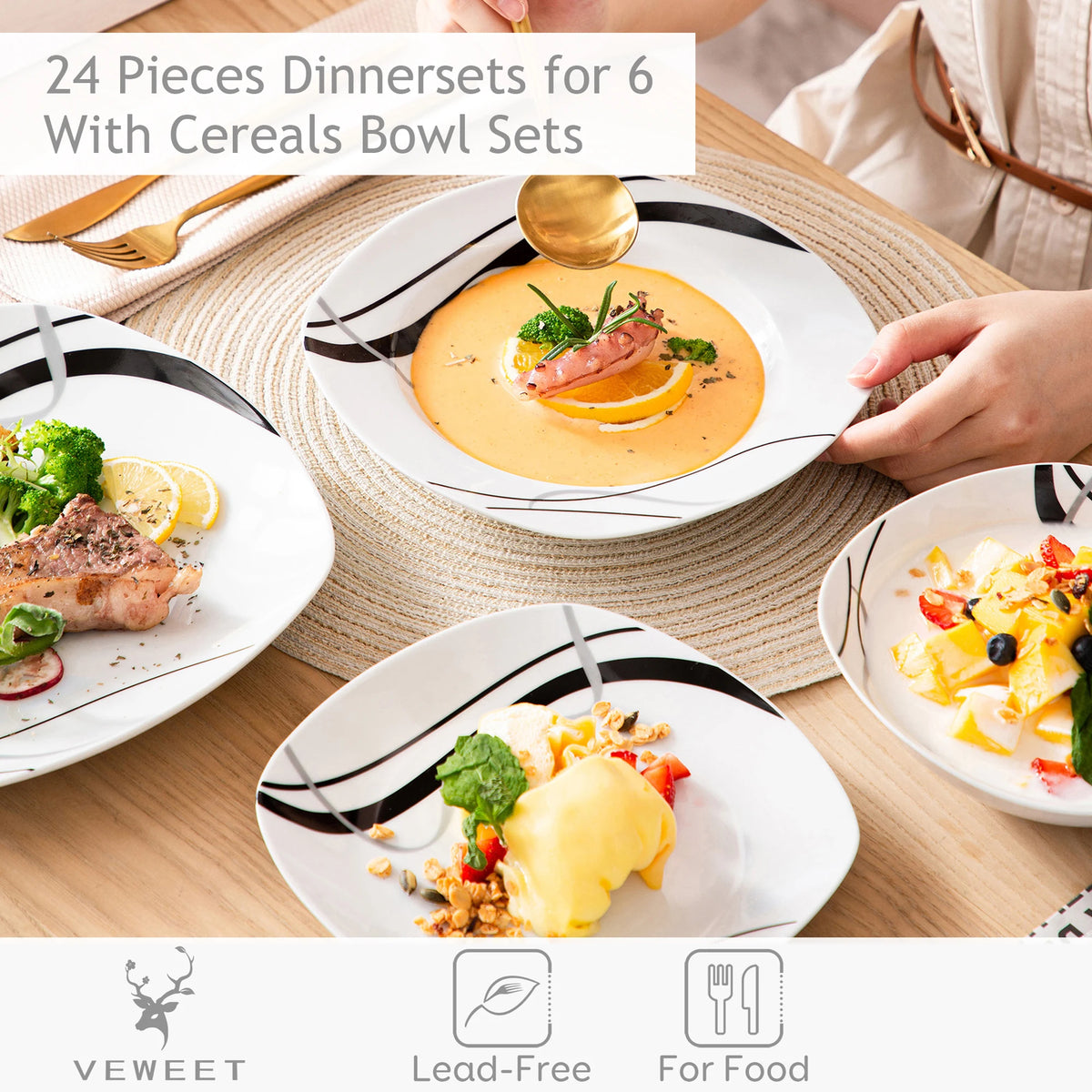 MALACASA FIONA Porcelain Dinnerware Set With Black Line Pattern