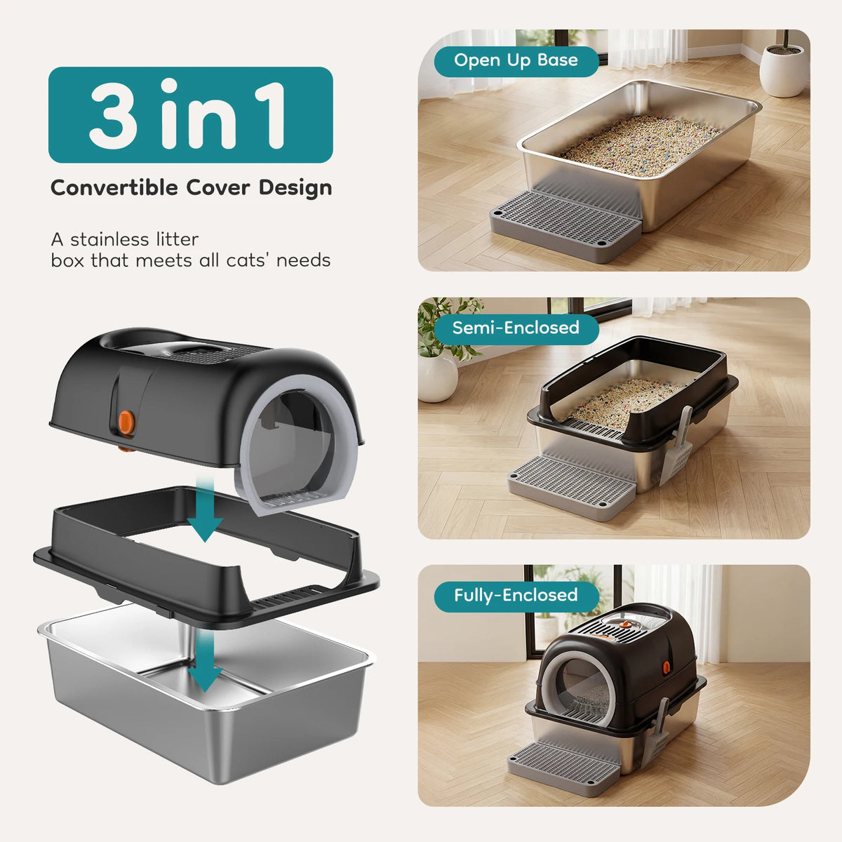 JHK Enclosed Stainless Steel Cat Litter Box with Scoop Included
