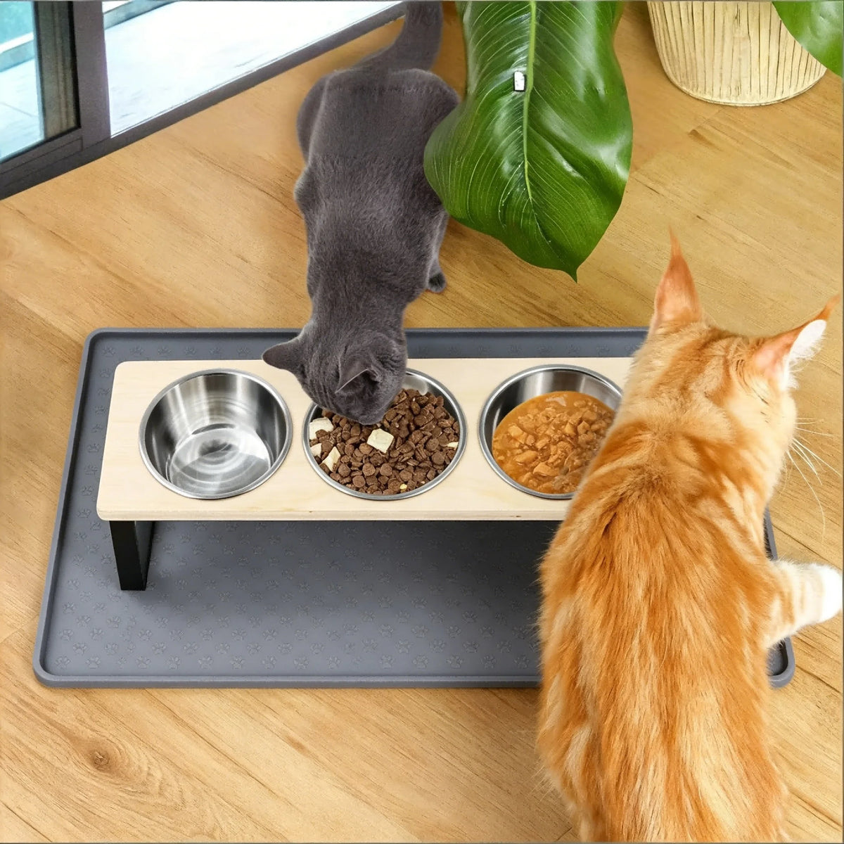 Elevated Cat Feeder With Stainless Steel Bowls And Feeding Mat