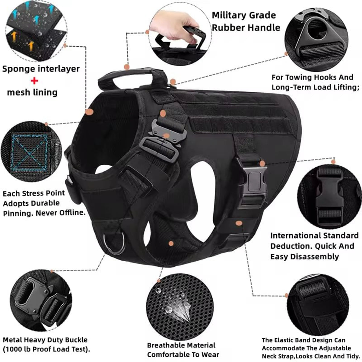 PETRAVEL Tactical Dog Harness With Leash And MOLLE Pouches
