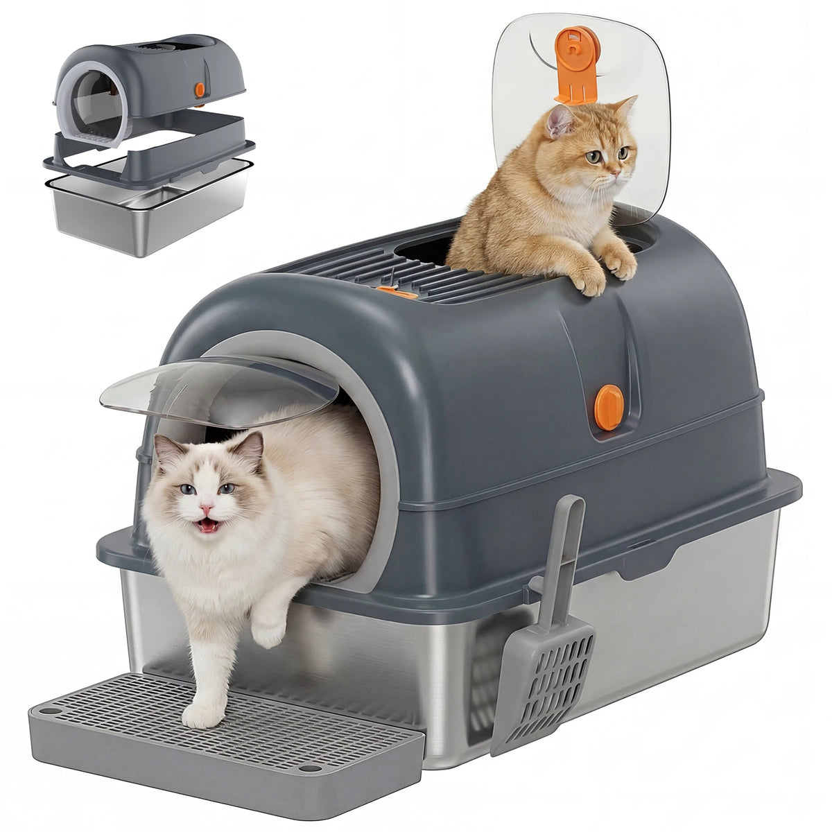 JHK Enclosed Stainless Steel Cat Litter Box with Scoop Included