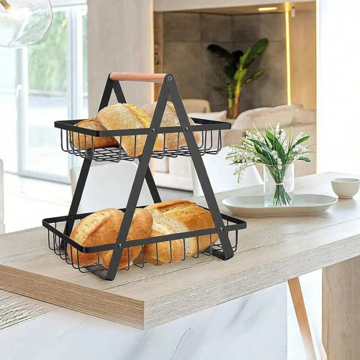 Two Tier Fruit Basket With Wooden Handle Kitchen Storage Organizer