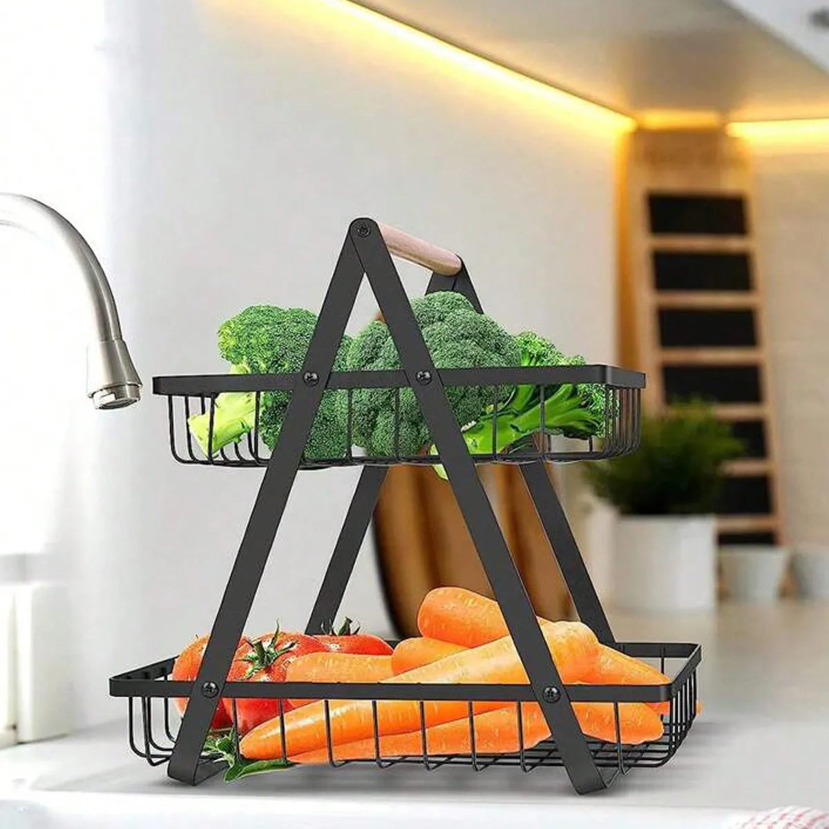 Two Tier Fruit Basket With Wooden Handle Kitchen Storage Organizer