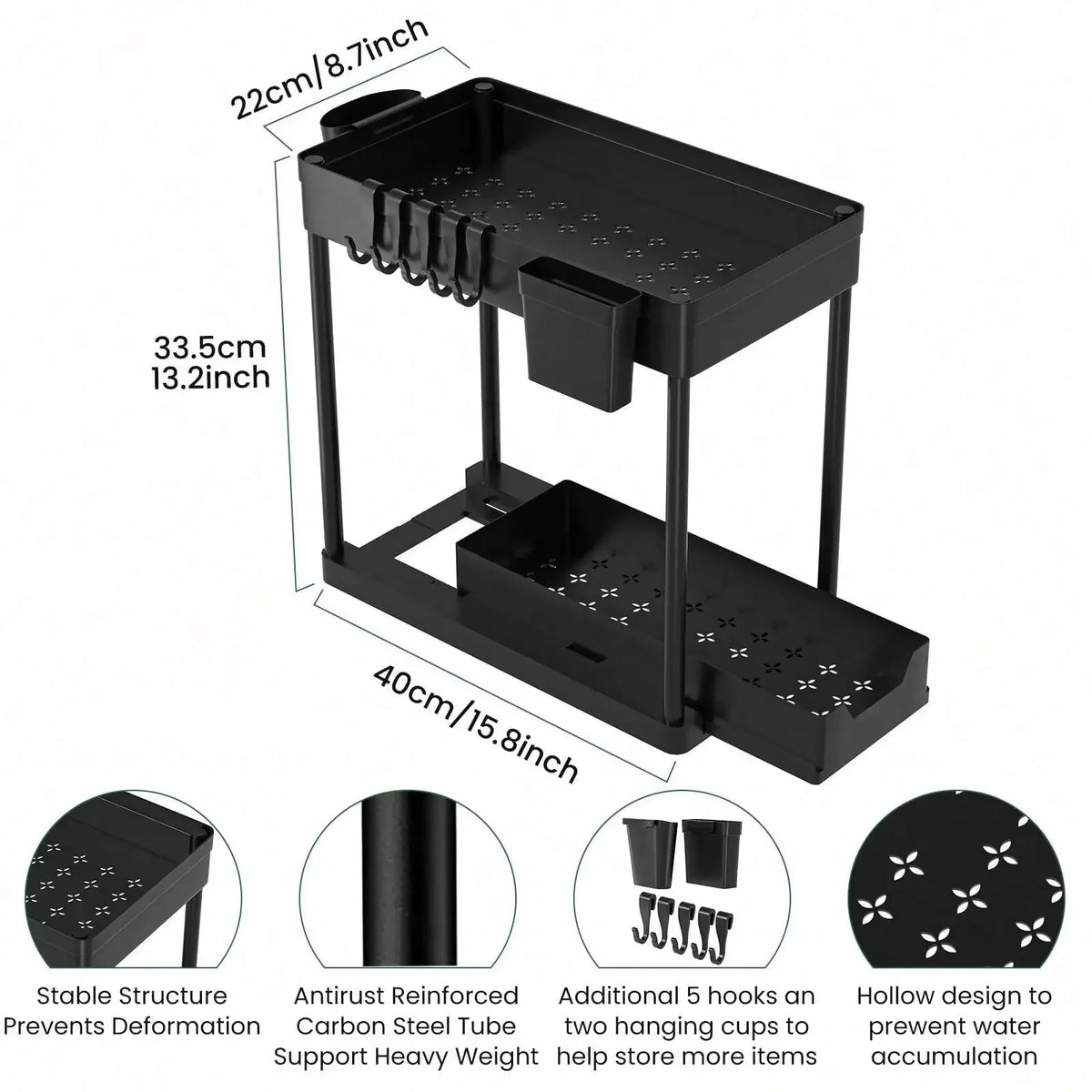 Under Sink Two Tier Pull Out Storage Organizer With Hooks
