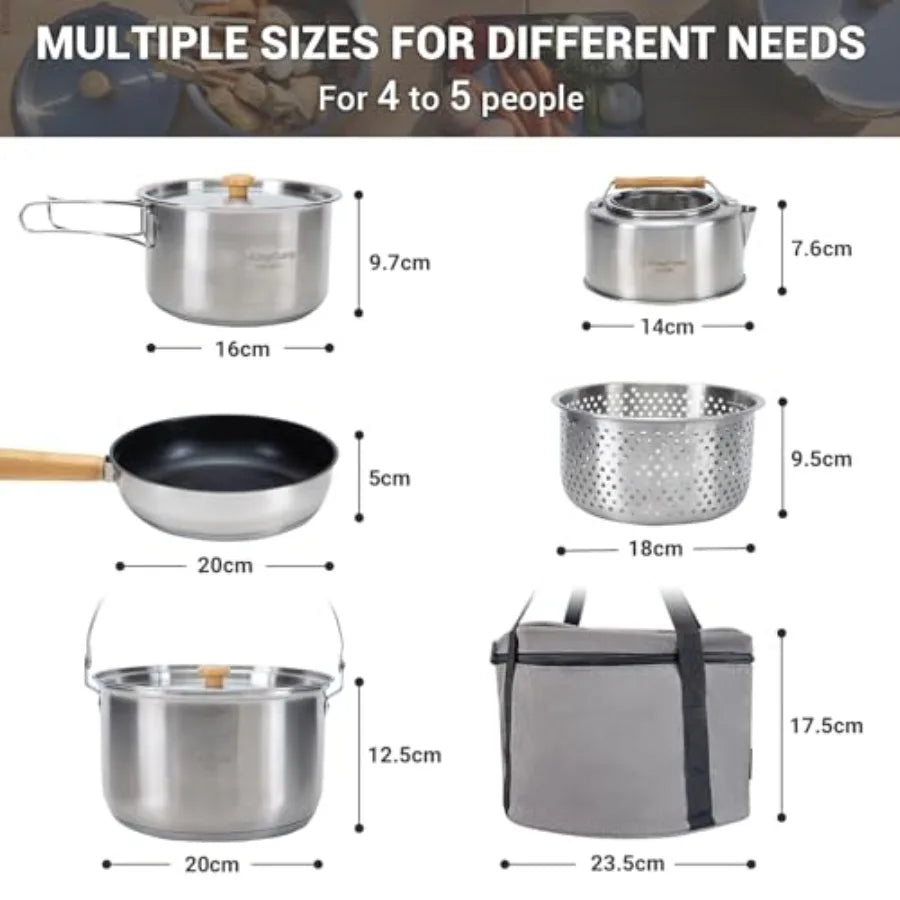 Stainless Steel Camping Cookware Set with Pots Pan and Kettle