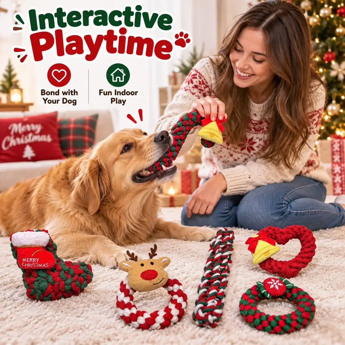 Christmas Dog Rope Toy for Chewing and Interactive Play
