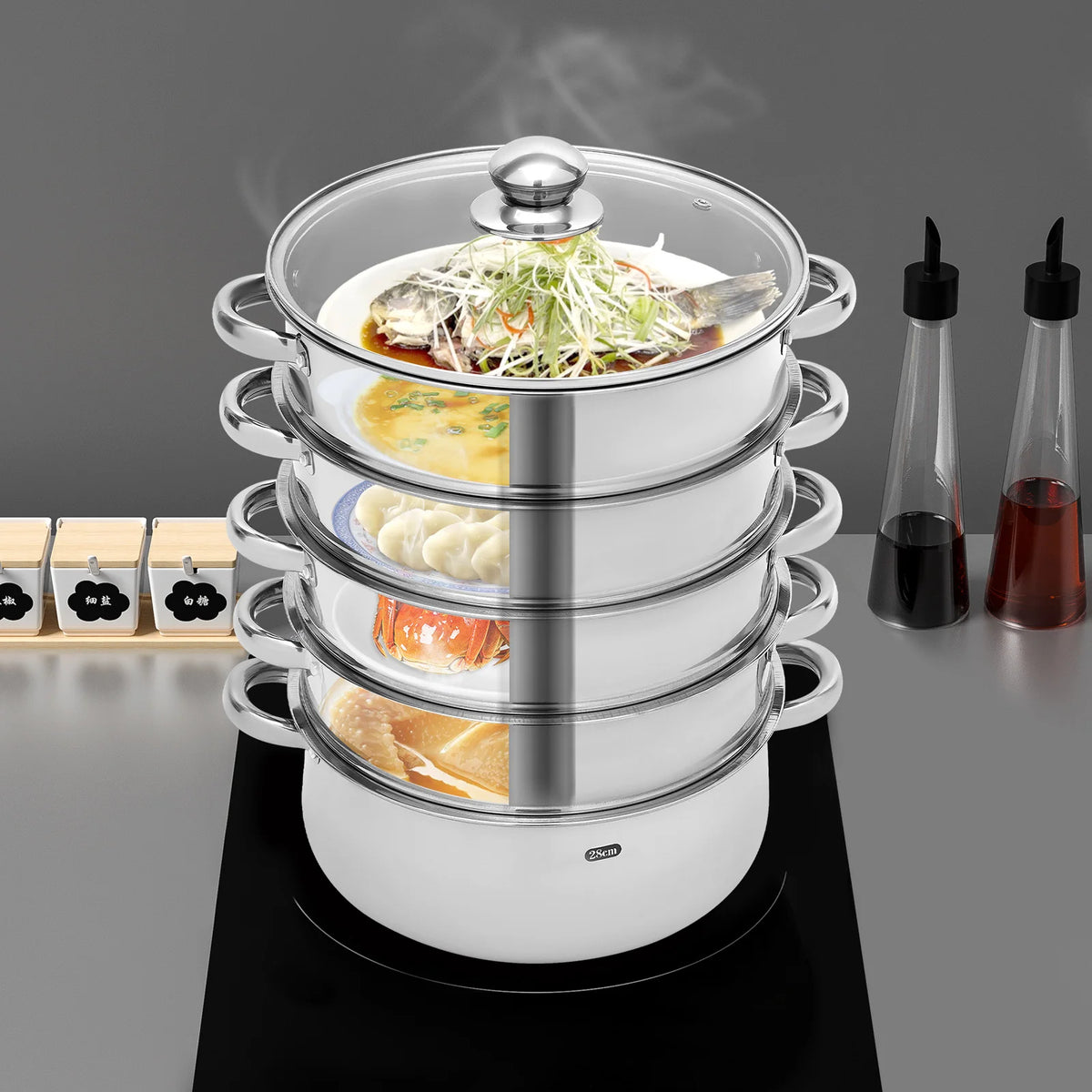 Five Tier Stainless Steel Multifunctional Kitchen Cooking Steamer