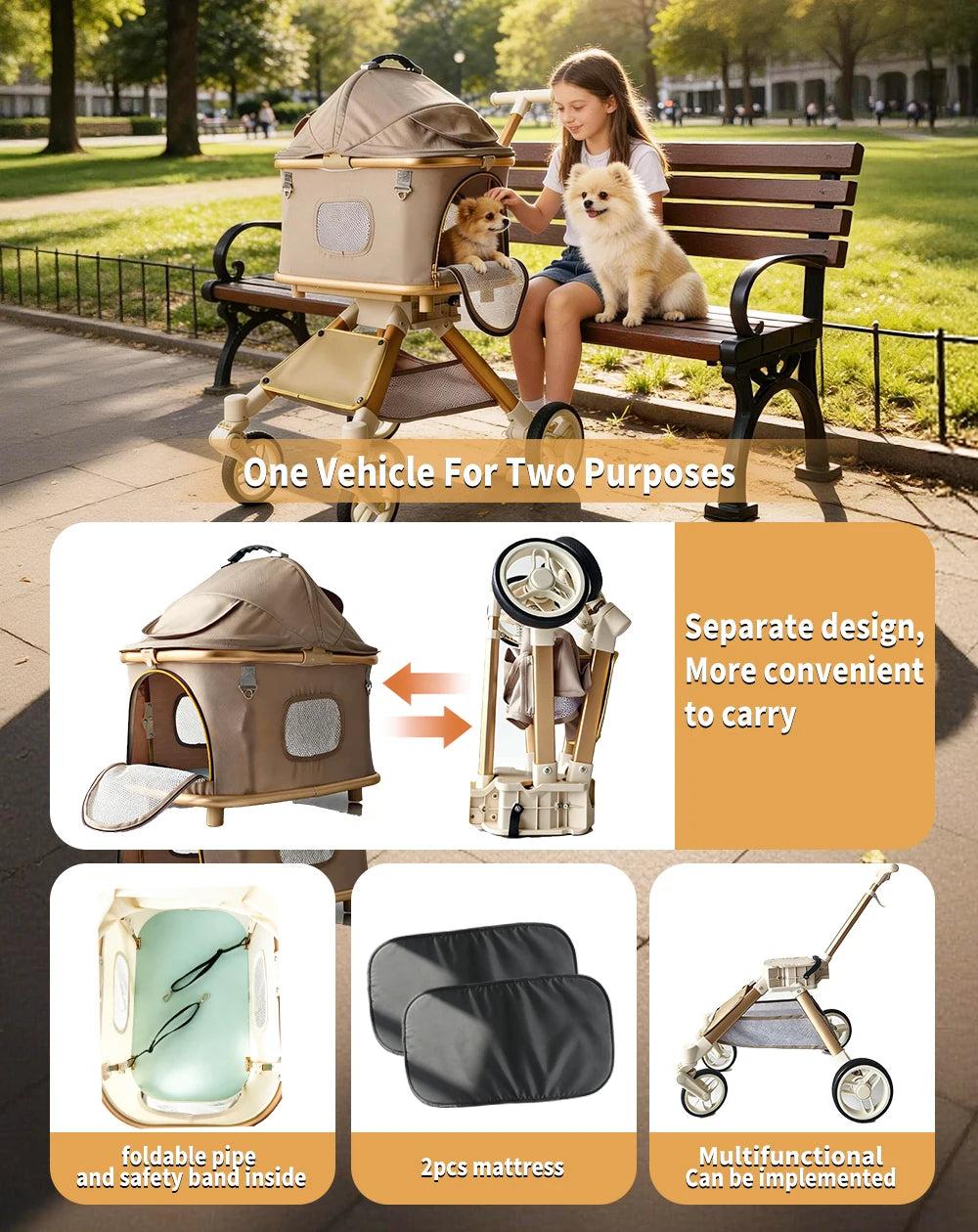 Luxury Pet Stroller for Dogs and Cats With Safety Leashes