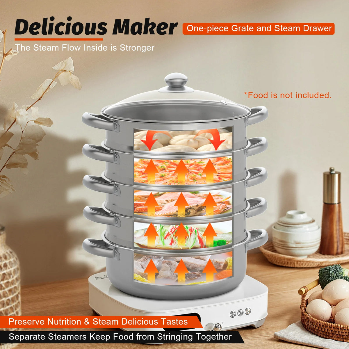 Stainless Steel Five Tier Steamer Pot With Handles For Home Cooking