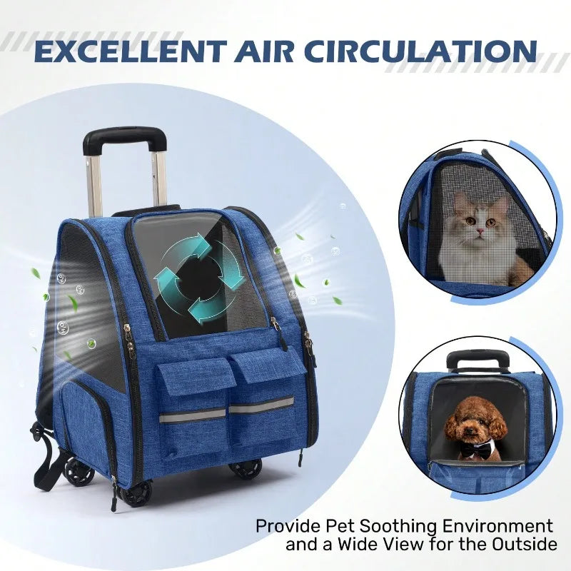 Rolling Pet Carrier Bag With Telescopic Handle And Shoulder Strap