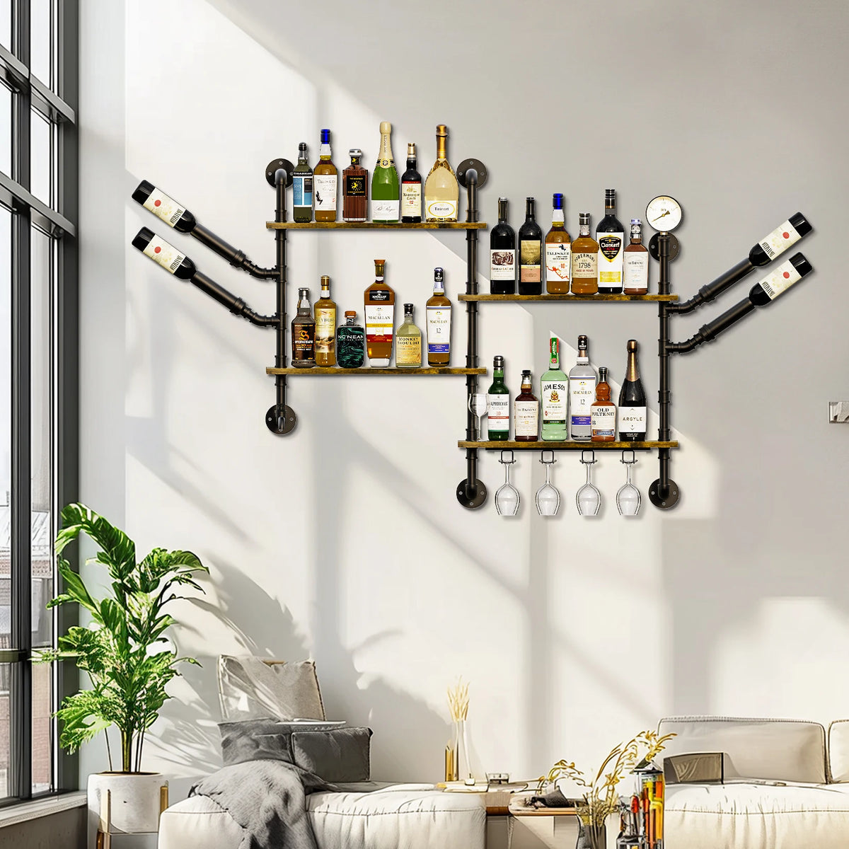 Wall Mounted Pipe Bar Liquor Shelf With Wine Glass Holder