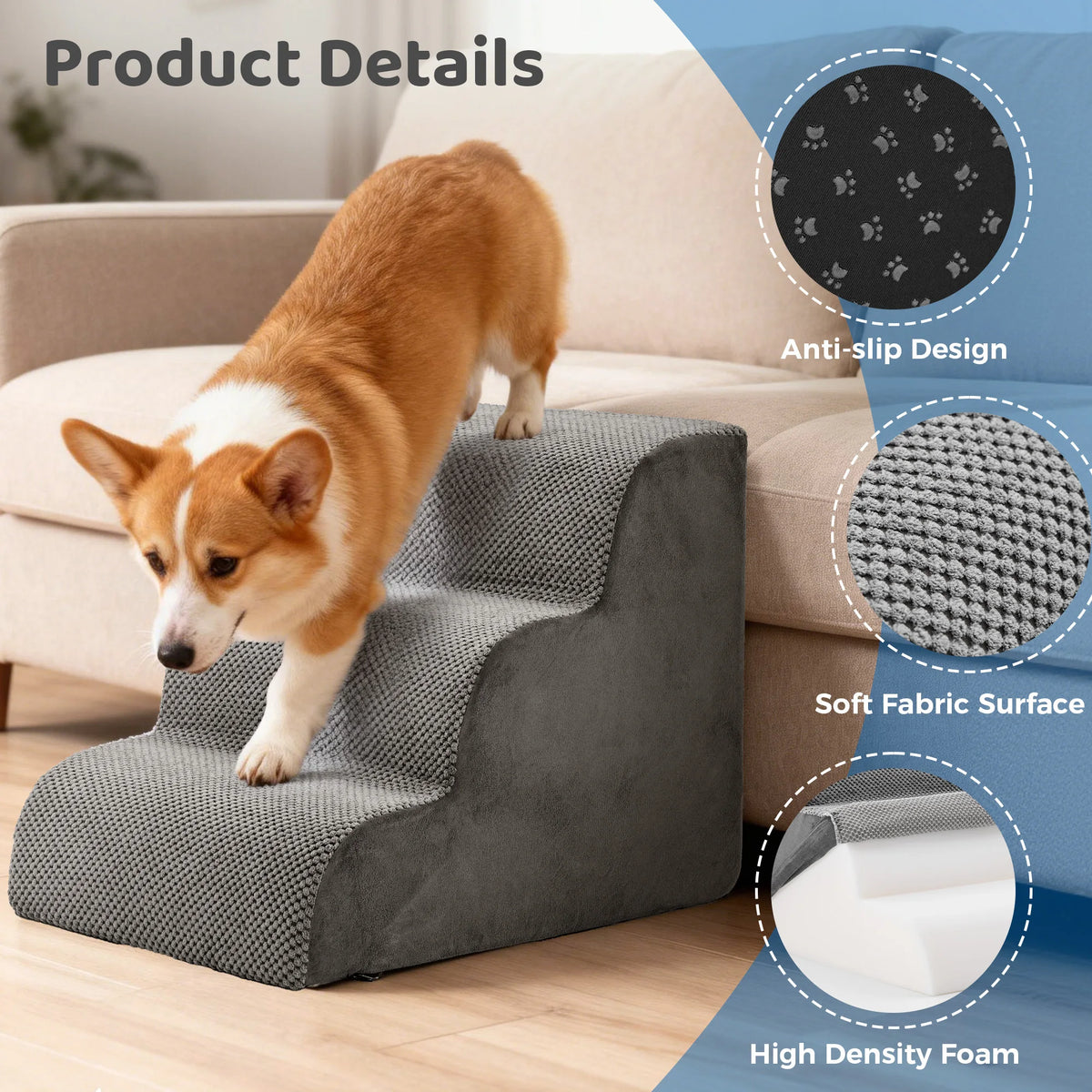 Curved Foam Dog Stairs With Non Slip Ramp For Pets