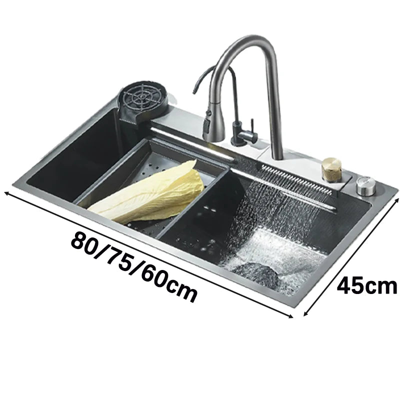 Stainless Steel Kitchen Sink With Waterfall Faucet And Cup Washer