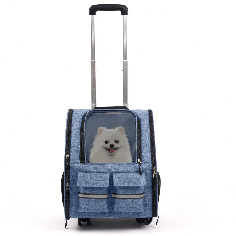 Rolling Pet Carrier Bag With Telescopic Handle And Shoulder Strap
