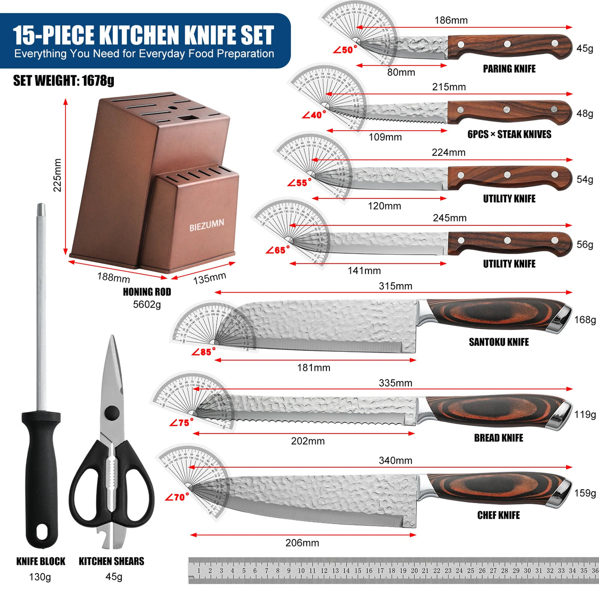 BieZumn Professional Stainless Steel Kitchen Knife Block Set