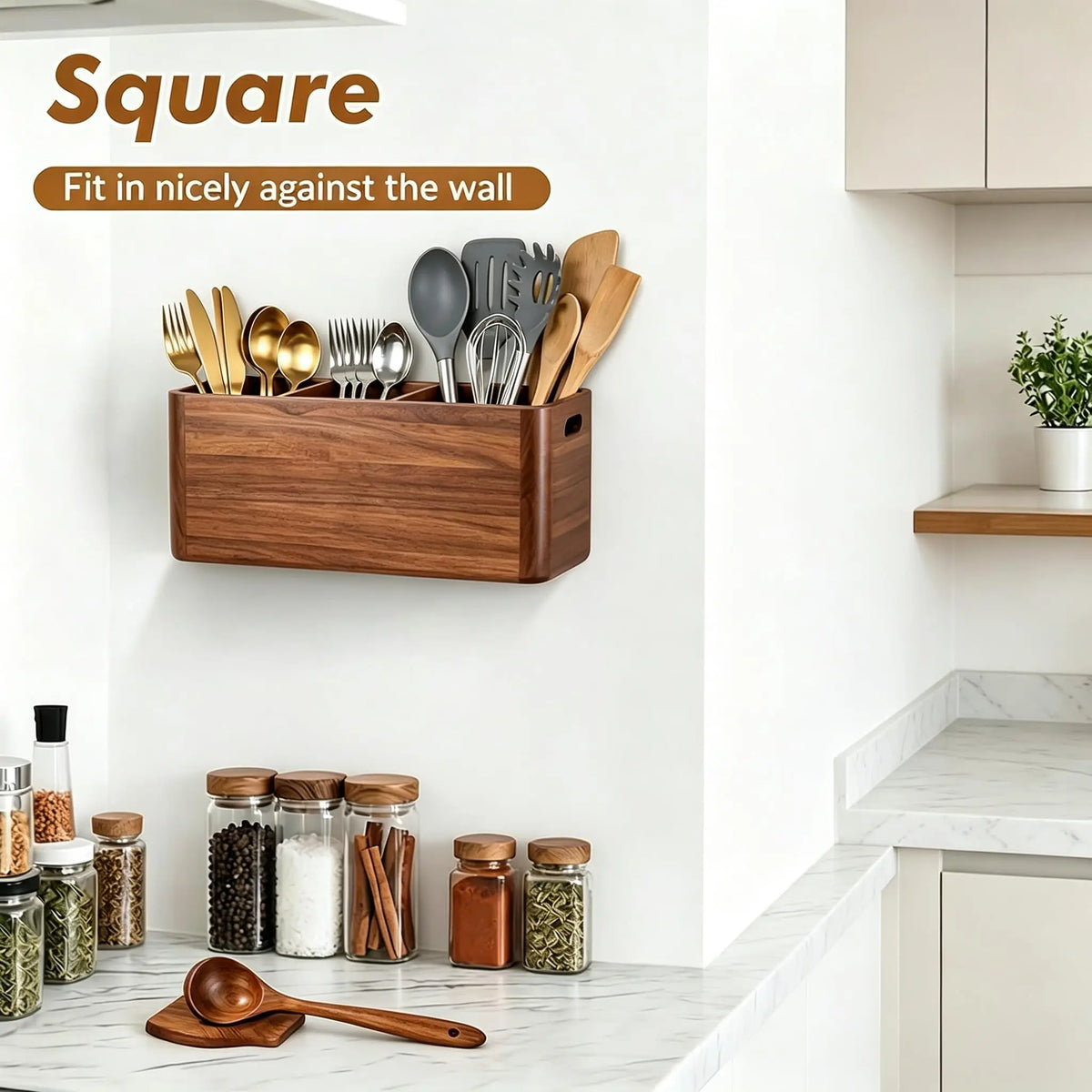 Wooden Kitchen Utensil Holder and Countertop Organizer With Compartments