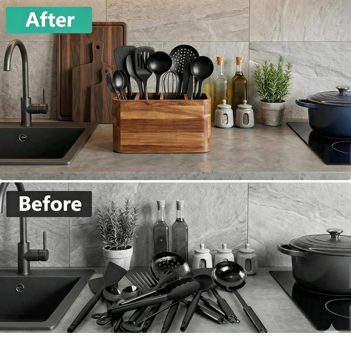 Wooden Kitchen Utensil Holder and Countertop Organizer With Compartments