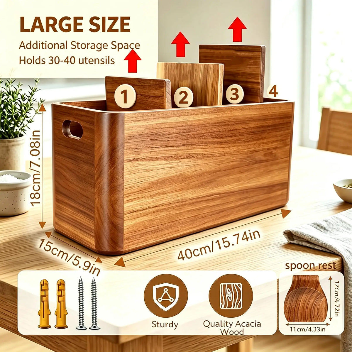 Wooden Kitchen Utensil Holder and Countertop Organizer With Compartments