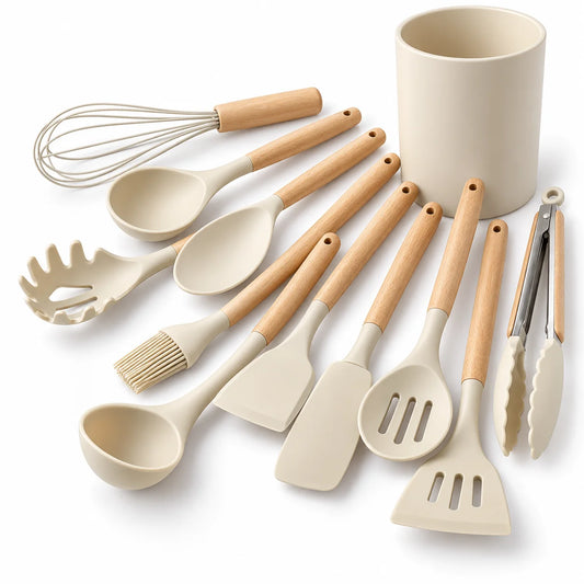 Silicone Kitchen Utensil Set With Beech Wood Handles And Holder