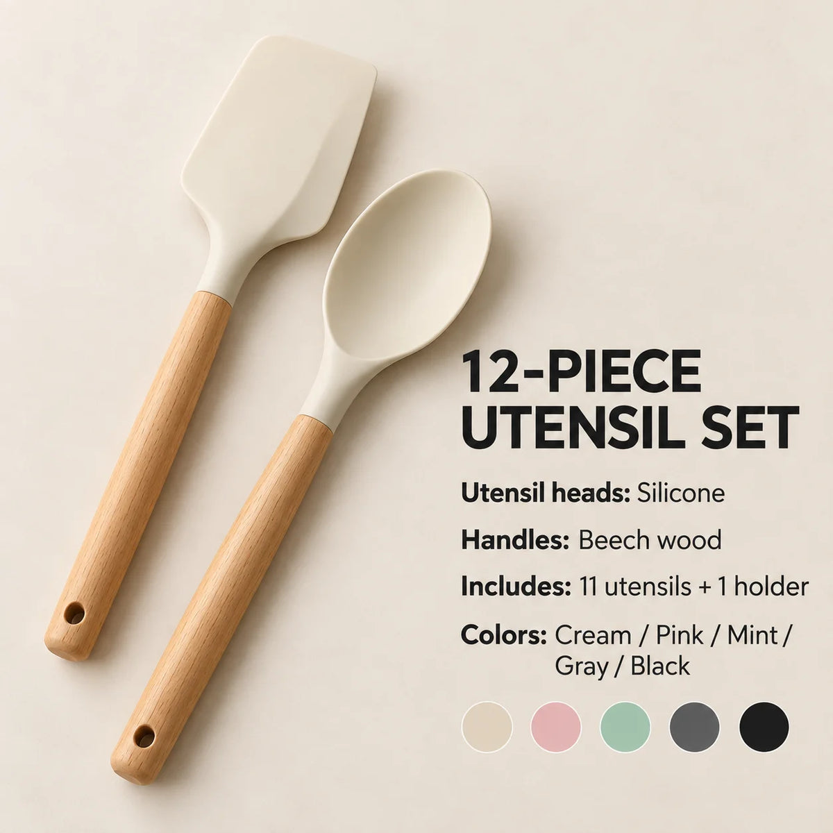 Silicone Kitchen Utensil Set With Beech Wood Handles And Holder
