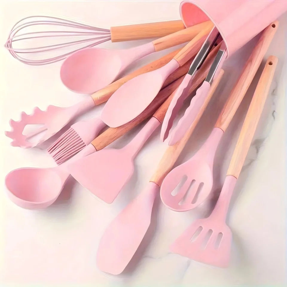 Silicone Kitchen Utensil Set With Beech Wood Handles And Holder