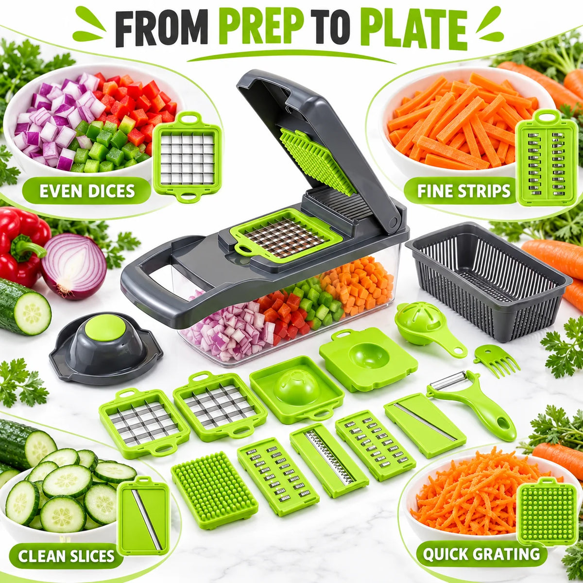 Multifunctional Vegetable Chopper With 7 Interchangeable Blades And Container