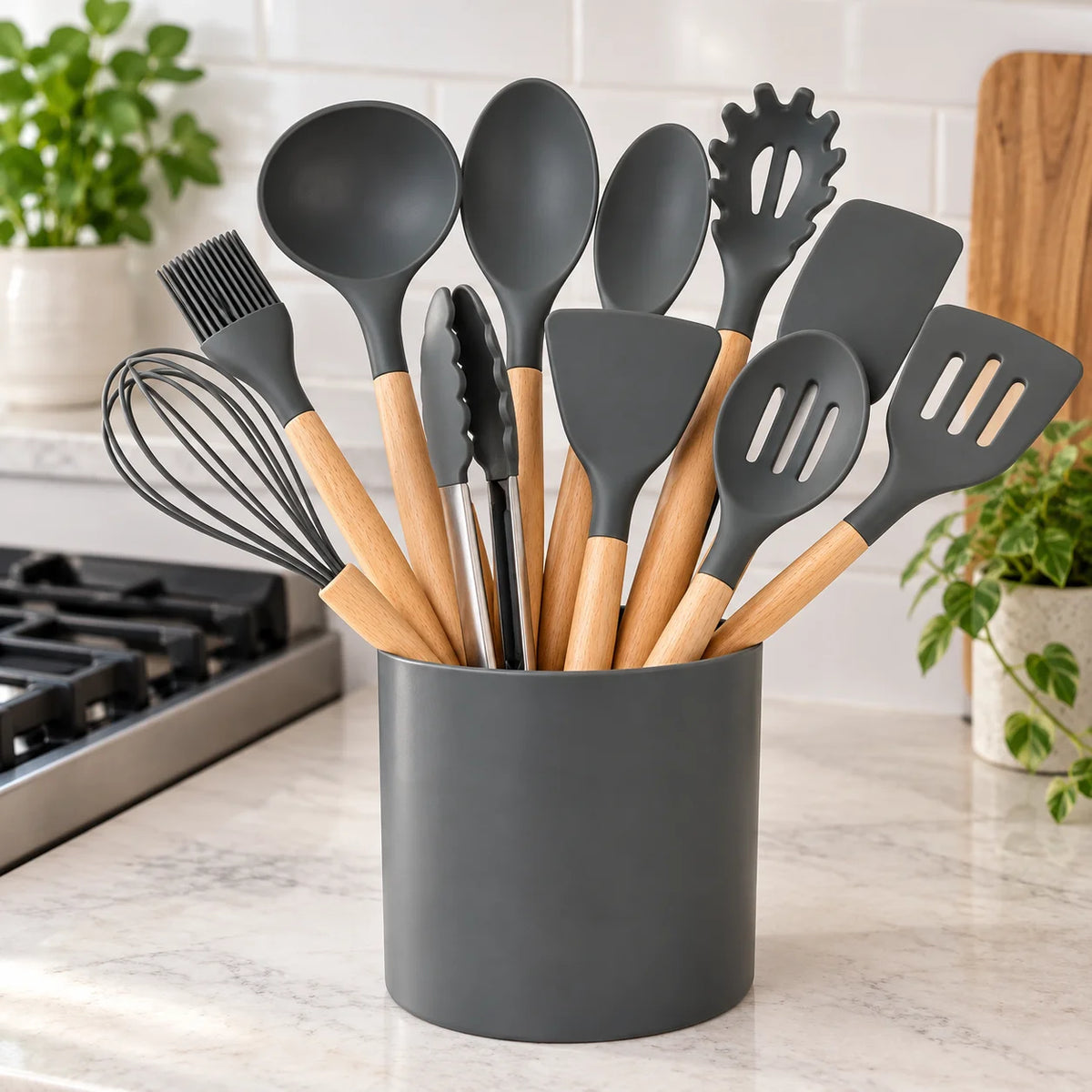 Silicone Kitchen Utensil Set With Beech Wood Handles And Holder