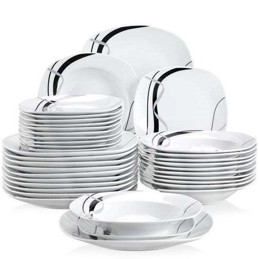 MALACASA FIONA Porcelain Dinnerware Set With Black Line Pattern