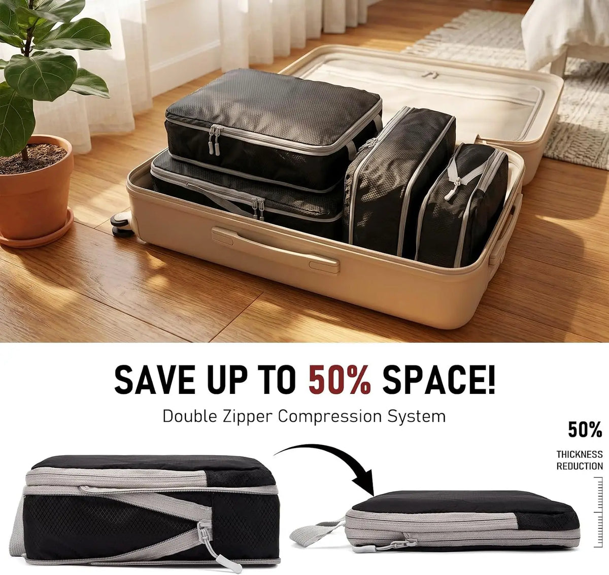 Travel Compression Packing Cubes Set for Space Saving Luggage Organization
