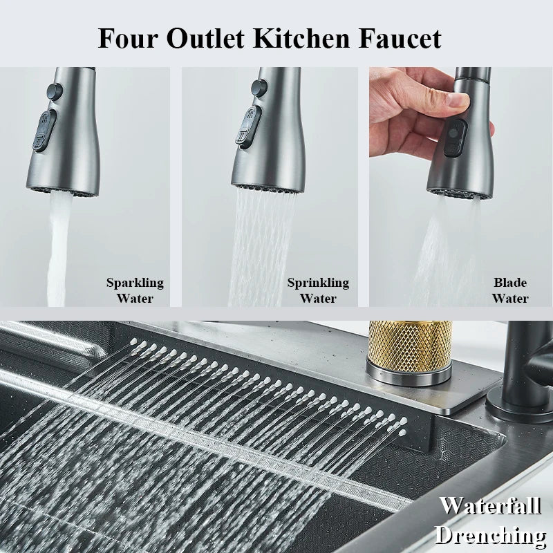 Stainless Steel Kitchen Sink With Waterfall Faucet And Cup Washer