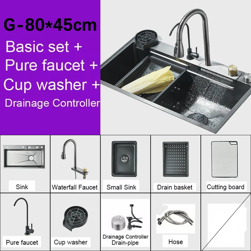 Stainless Steel Kitchen Sink With Waterfall Faucet And Cup Washer