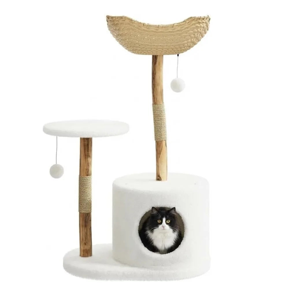 Wooden Cat Tree Tower 43 Inch with Rattan Large Cat Climbing Furniture Multi Level Activity Center Indoor Pet Furniture with Perches for Cats