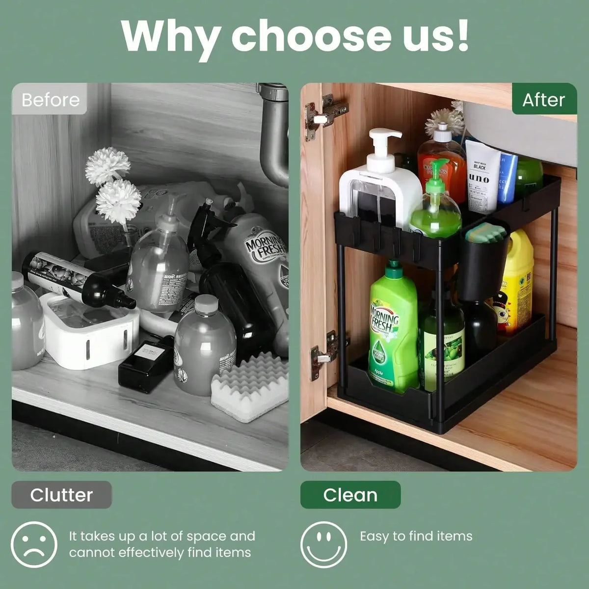 Under Sink Two Tier Pull Out Storage Organizer With Hooks