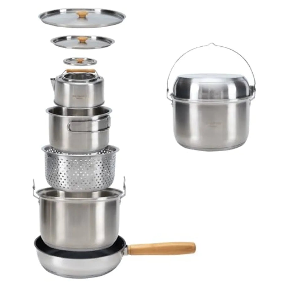Stainless Steel Camping Cookware Set with Pots Pan and Kettle