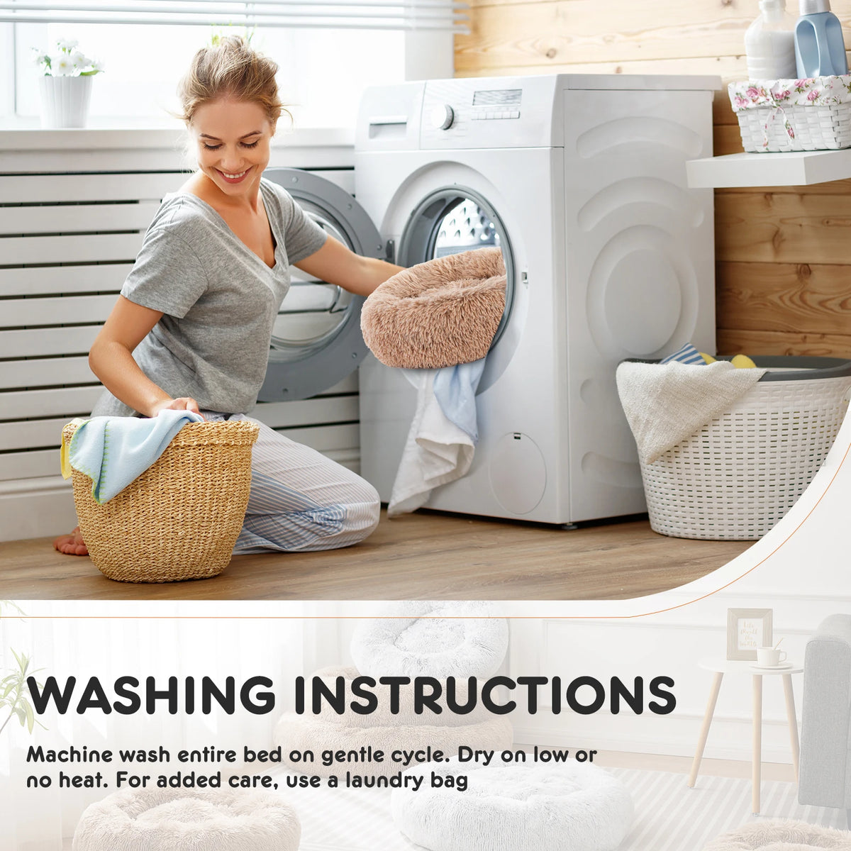 JHK Washable Plush Calming Dog Bed With Non Slip Base