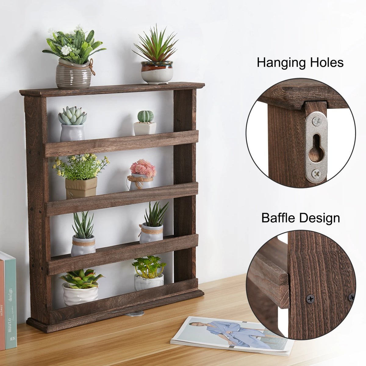 Wooden Wall Mounted Spice Rack With Four Tier Storage