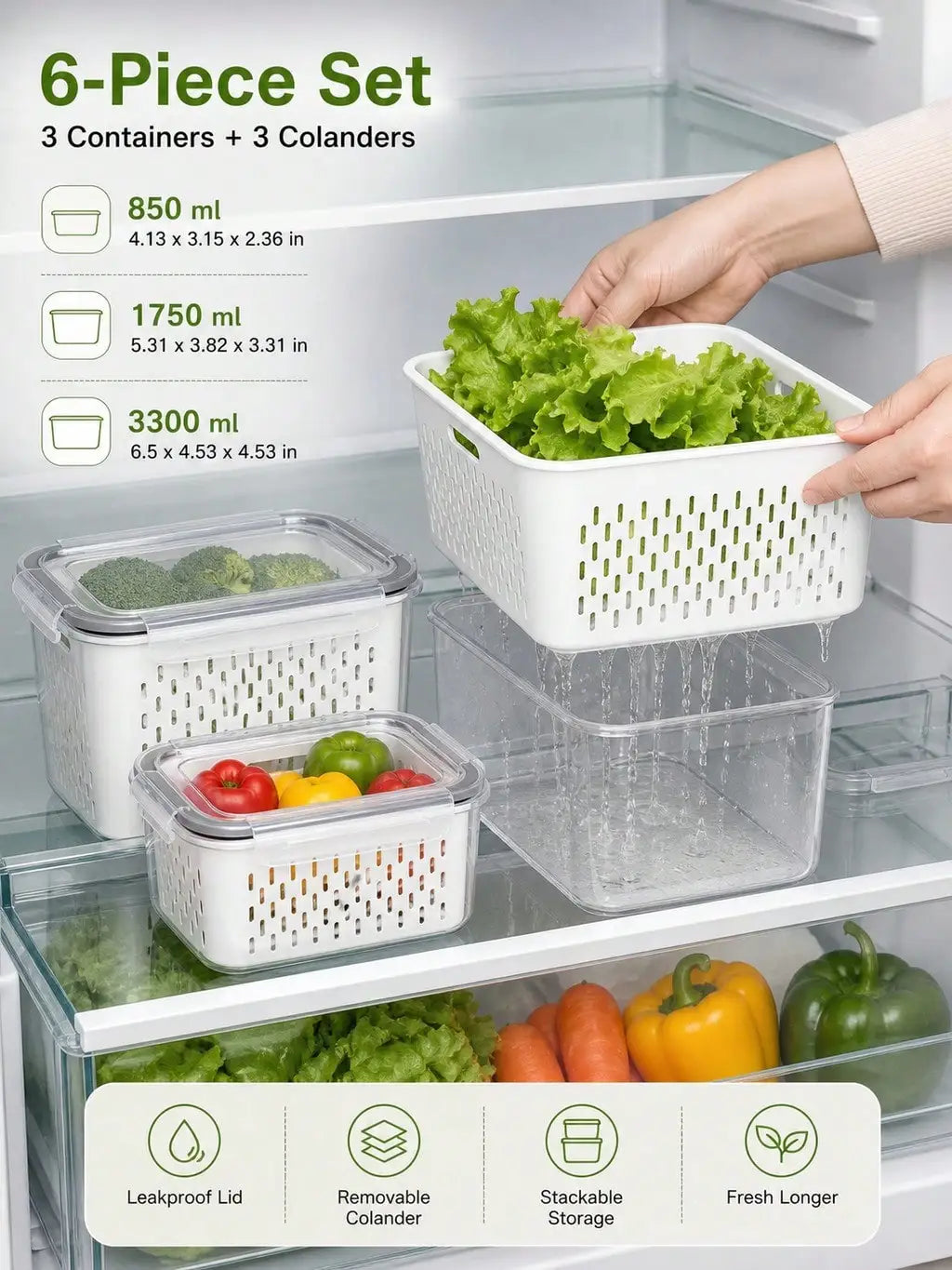 Produce Storage Container Set With Removable Drain Baskets