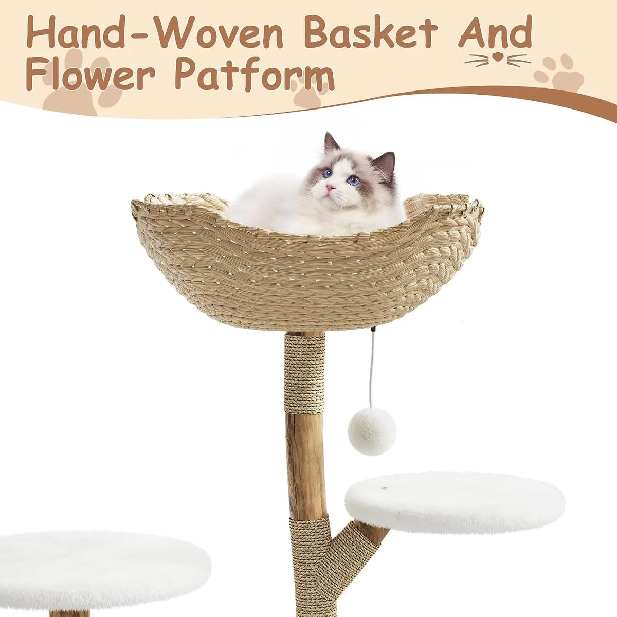 Wooden Cat Tree Tower 43 Inch with Rattan Large Cat Climbing Furniture Multi Level Activity Center Indoor Pet Furniture with Perches for Cats