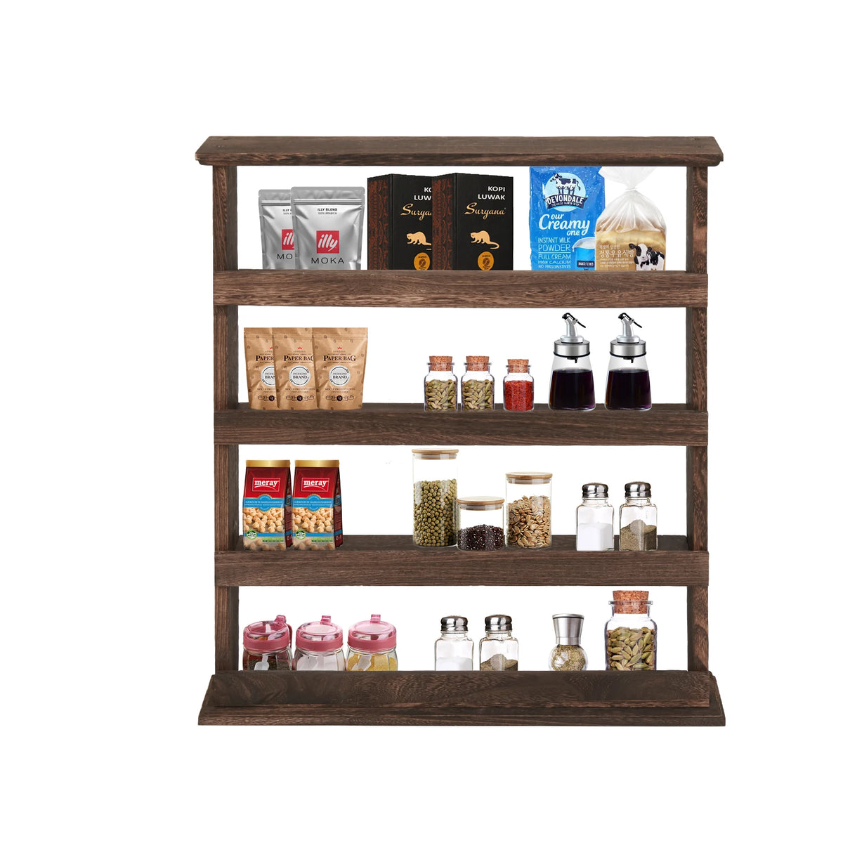 Wooden Wall Mounted Spice Rack With Four Tier Storage