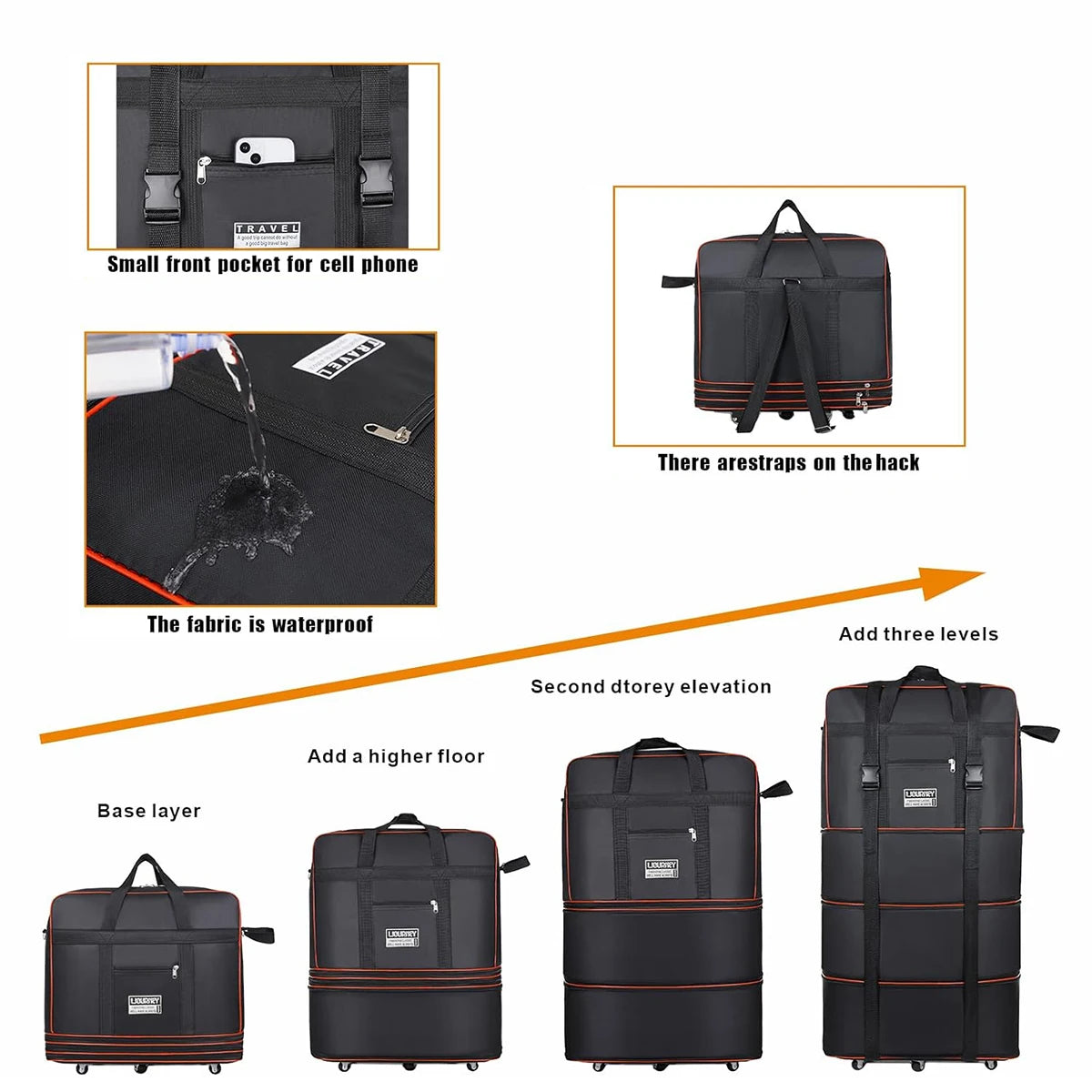 Expandable Foldable Rolling Travel Duffel Bag With Waterproof Oxford Fabric