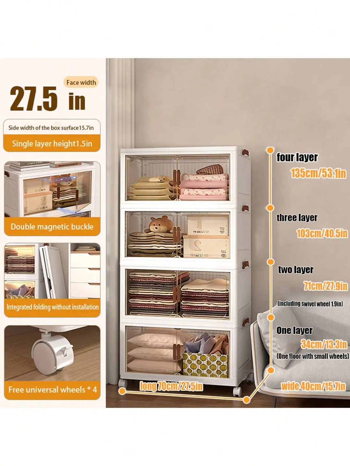 Foldable Plastic Storage Cabinet With Clear Doors And Wheels