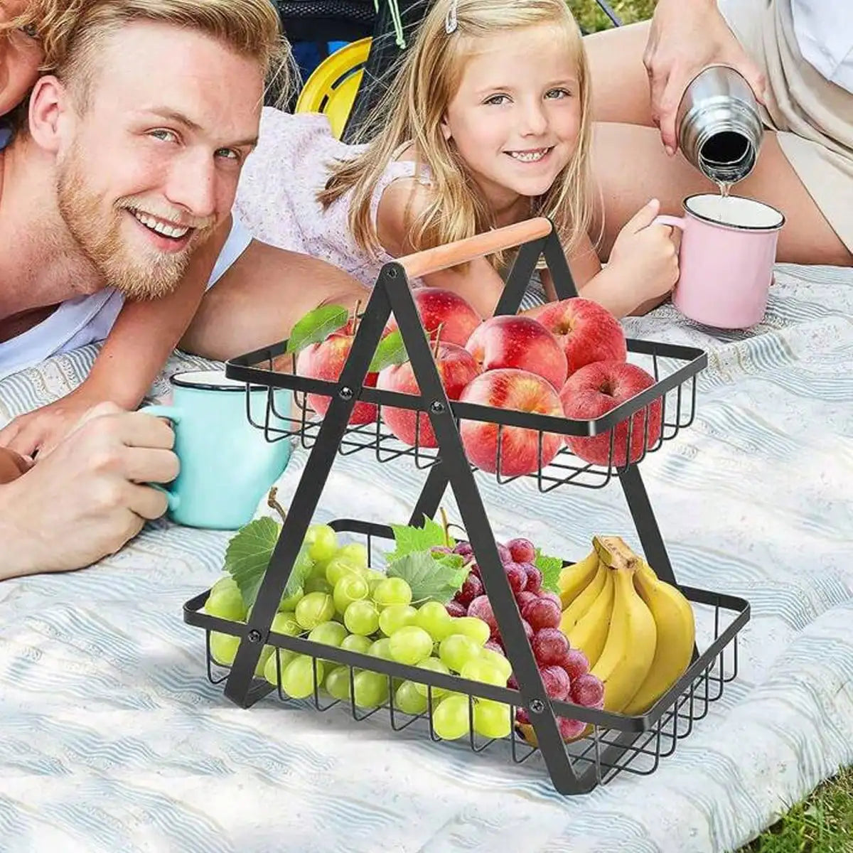Two Tier Fruit Basket With Wooden Handle Kitchen Storage Organizer