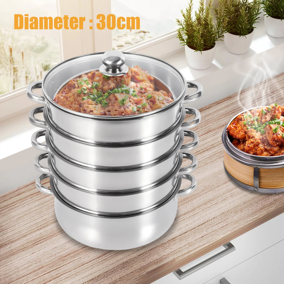 Stainless Steel Five Tier Steamer Pot With Handles For Home Cooking