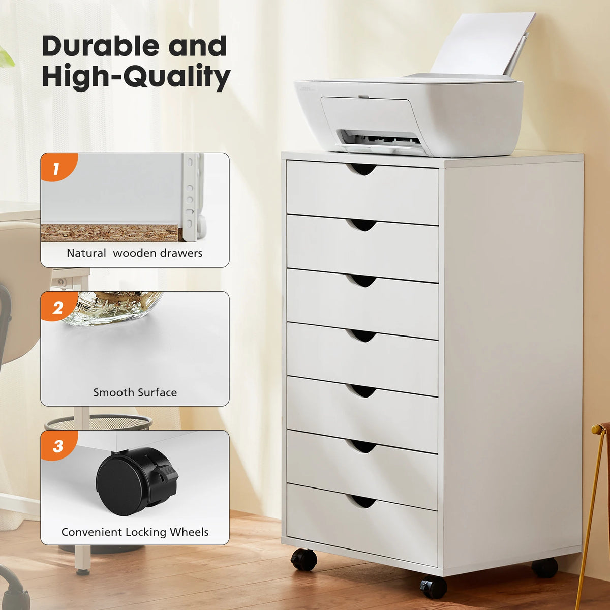 JHK 7 Drawer Wooden Storage Cabinet With Rolling Wheels