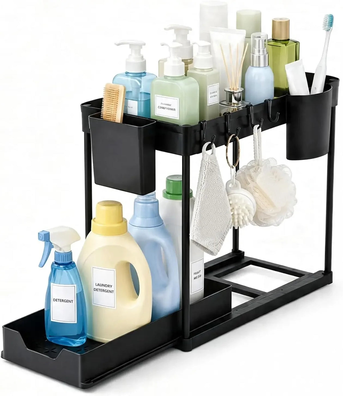 Under Sink Two Tier Pull Out Storage Organizer With Hooks