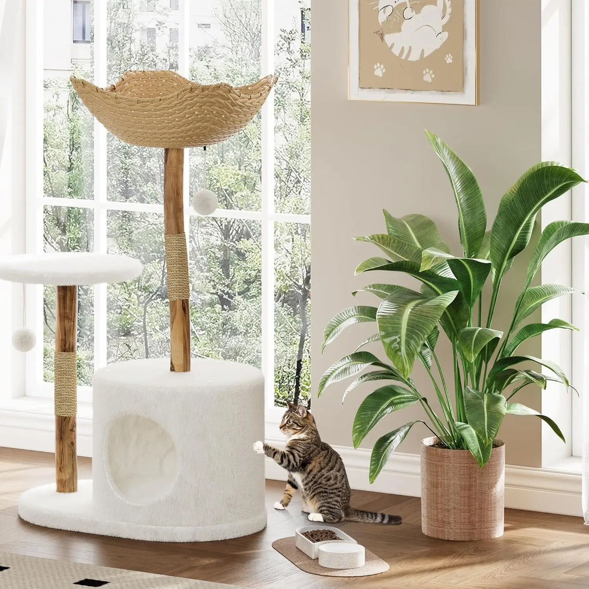 Wooden Cat Tree Tower 43 Inch with Rattan Large Cat Climbing Furniture Multi Level Activity Center Indoor Pet Furniture with Perches for Cats