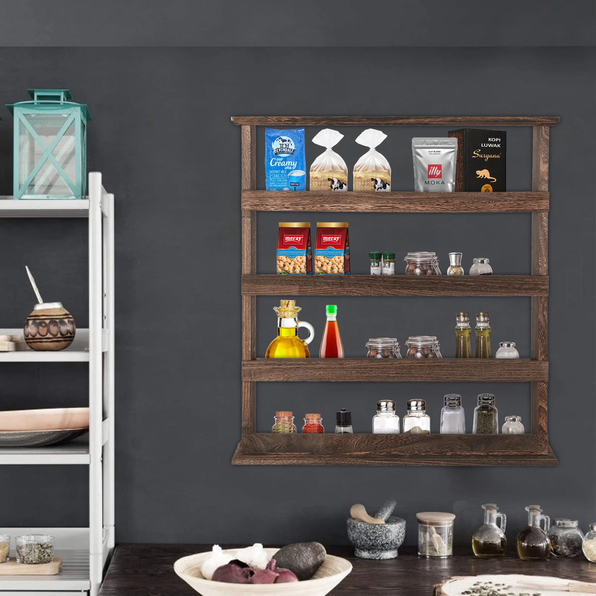 Wooden Wall Mounted Spice Rack With Four Tier Storage