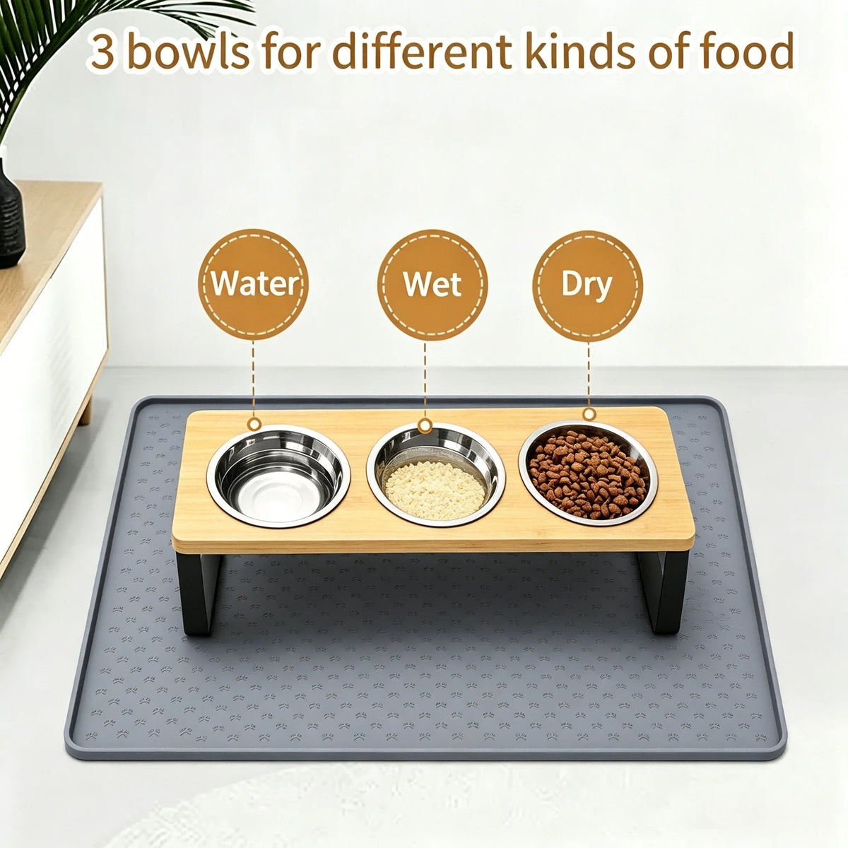 Elevated Cat Feeder With Stainless Steel Bowls And Feeding Mat
